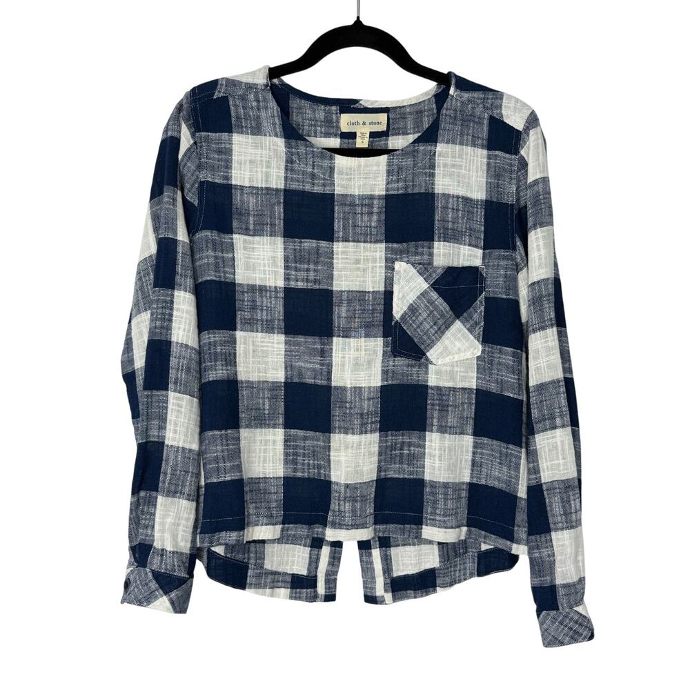 Cloth & Stone Plaid Button Back Top Small Navy Linen Blend Anthropologie Cottage